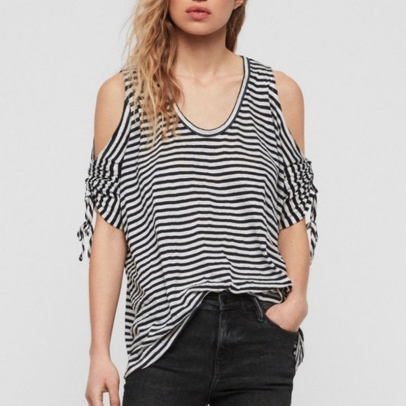 ALLSAINTS Harper LINEN COTTON Striped Cold Shoulder T-Shirt Ink Blue Size XS - Picture 2 of 14